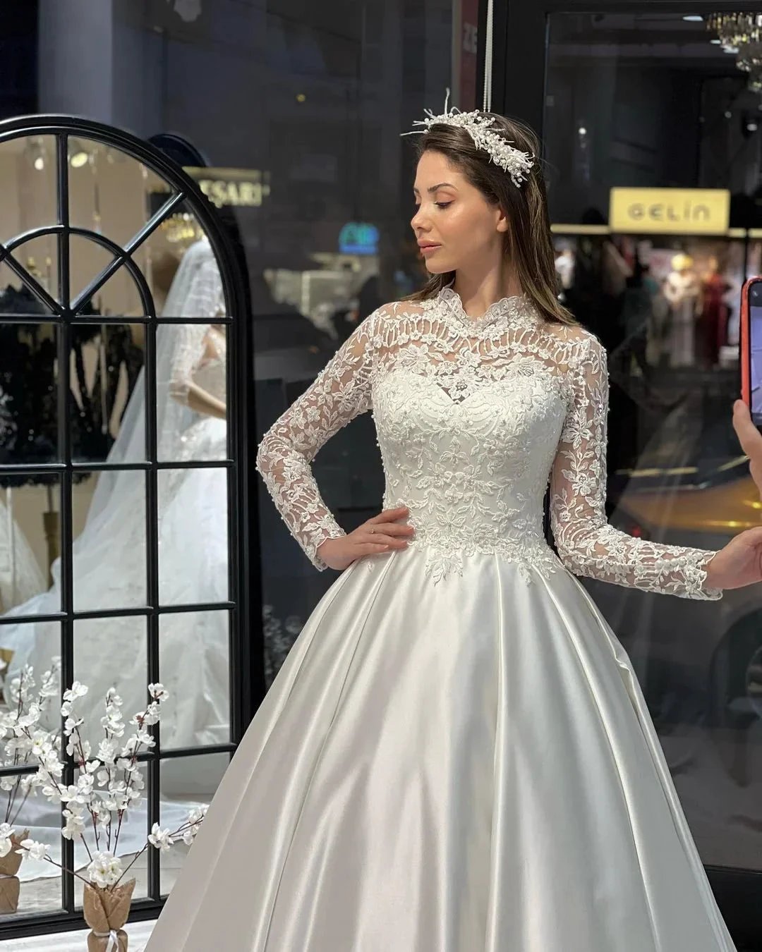 Charming Floor Length Crew Long Sleeves A-Line Satin Wedding Dress with Ruffles by misshow.com