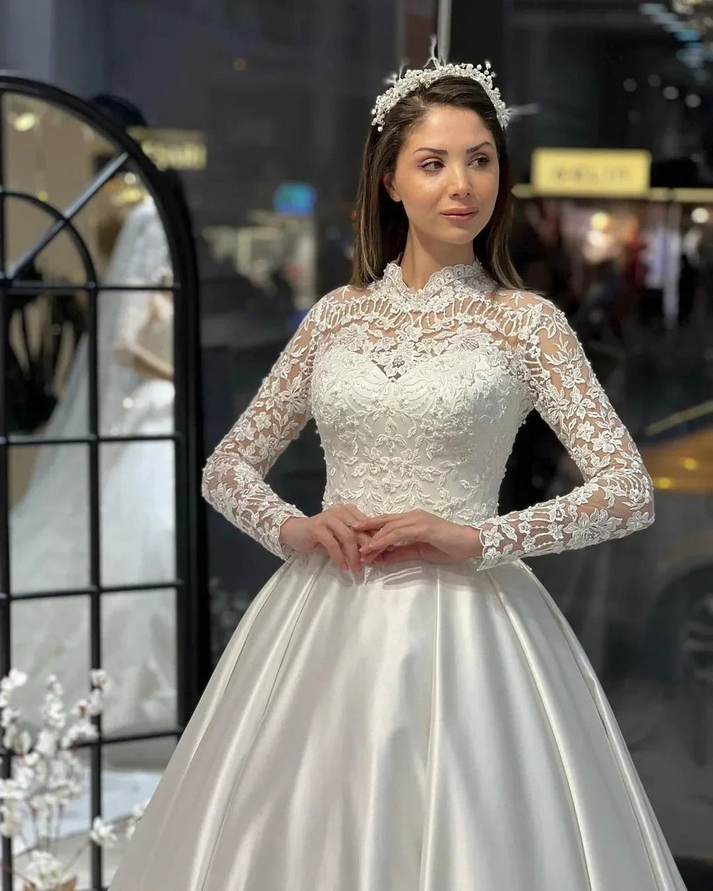 Charming Floor Length Crew Long Sleeves A-Line Satin Wedding Dress with Ruffles by misshow.com
