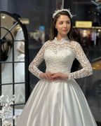 Charming Floor Length Crew Long Sleeves A-Line Satin Wedding Dress with Ruffles by misshow.com