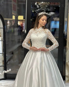 Charming Floor Length Crew Long Sleeves A-Line Satin Wedding Dress with Ruffles by misshow.com