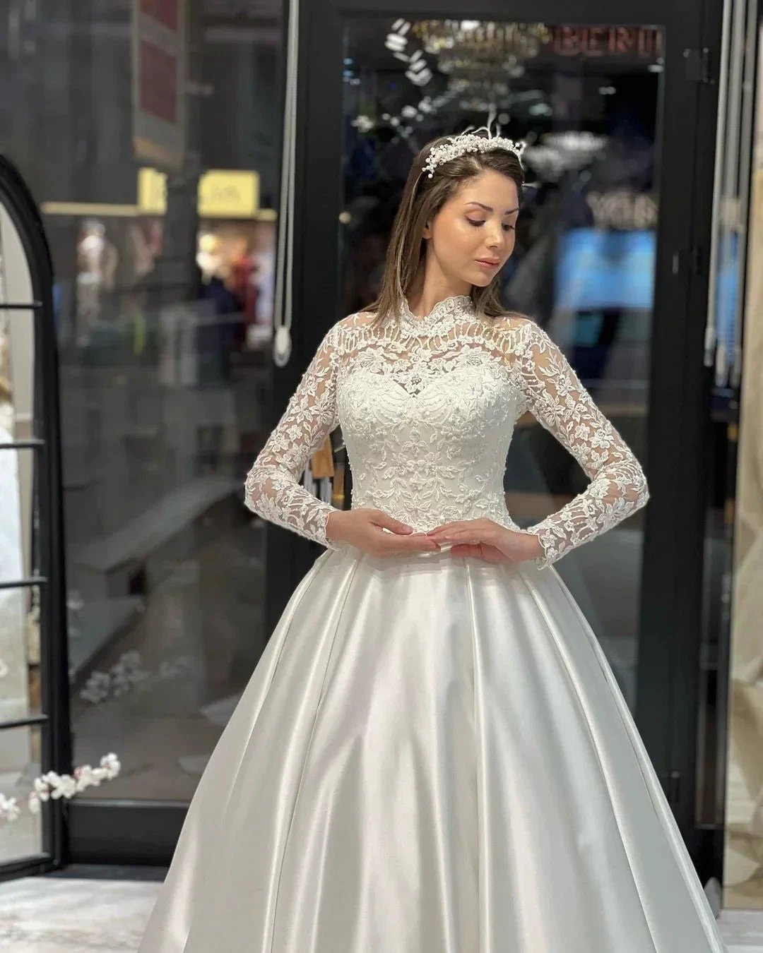 Charming Floor Length Crew Long Sleeves A-Line Satin Wedding Dress with Ruffles by misshow.com