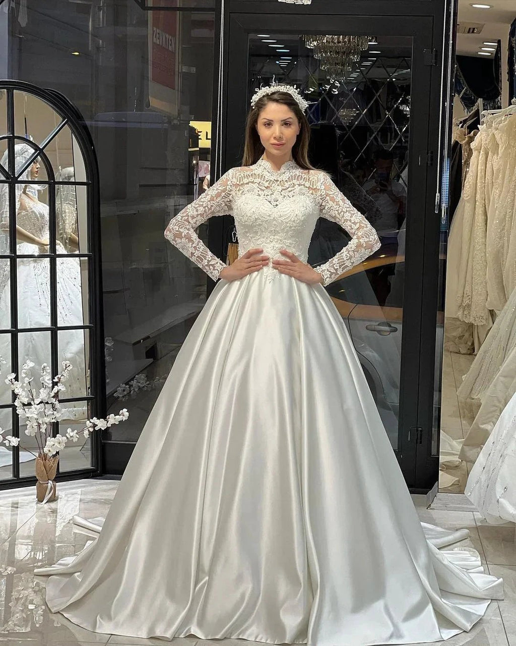 Charming Floor Length Crew Long Sleeves A-Line Satin Wedding Dress with Ruffles by misshow.com