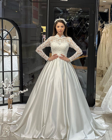 Charming Floor Length Crew Long Sleeves A-Line Satin Wedding Dress with Ruffles