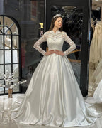 Charming Floor Length Crew Long Sleeves A-Line Satin Wedding Dress with Ruffles by misshow.com
