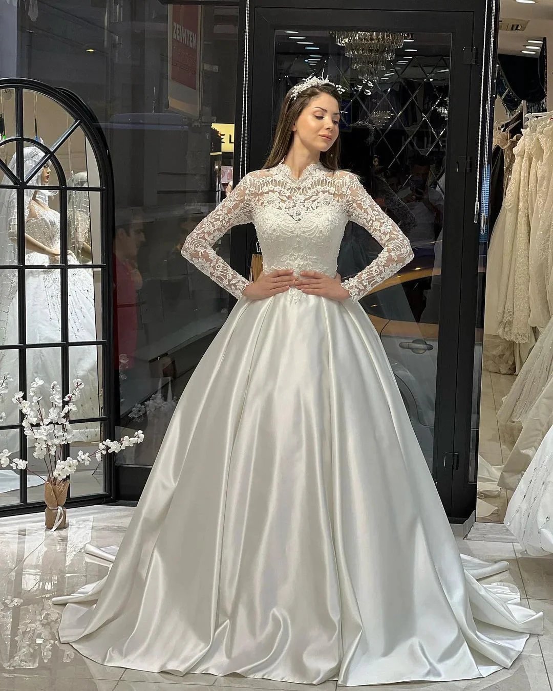 Charming Floor Length Crew Long Sleeves A-Line Satin Wedding Dress with Ruffles by misshow.com