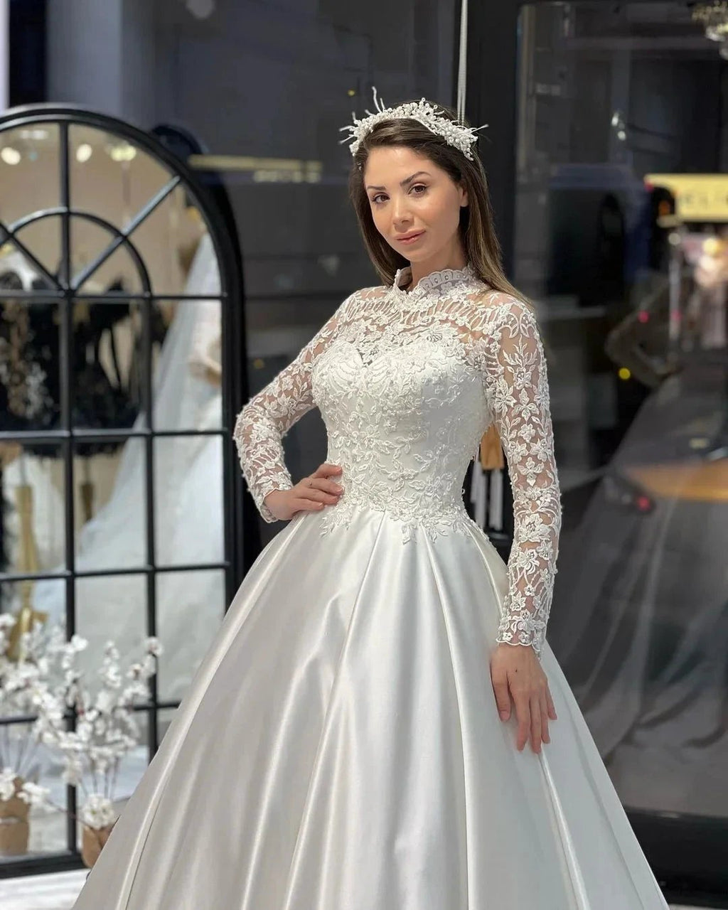 Charming Floor Length Crew Long Sleeves A-Line Satin Wedding Dress with Ruffles by misshow.com
