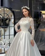Charming Floor Length Crew Long Sleeves A-Line Satin Wedding Dress with Ruffles by misshow.com