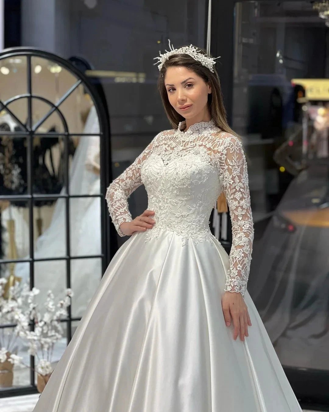 Charming Floor Length Crew Long Sleeves A-Line Satin Wedding Dress with Ruffles by misshow.com
