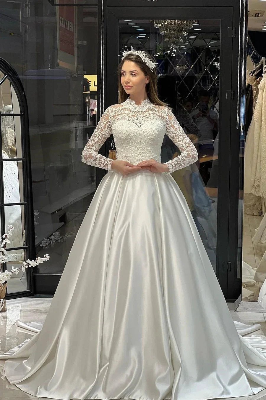 Charming Floor Length Crew Long Sleeves A-Line Satin Wedding Dress with Ruffles by misshow.com