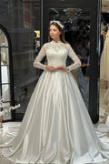 Charming Floor Length Crew Long Sleeves A-Line Satin Wedding Dress with Ruffles by misshow.com