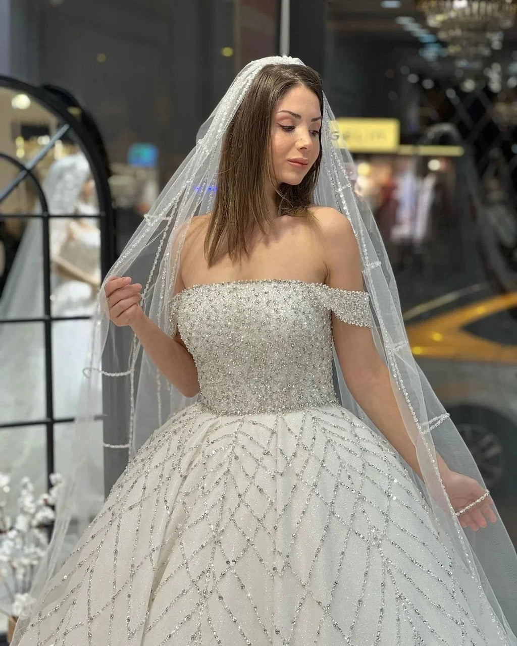 Charming Floor Length Off-The-Shoulder A-Line Sequined Wedding Dress with Court Train by misshow.com