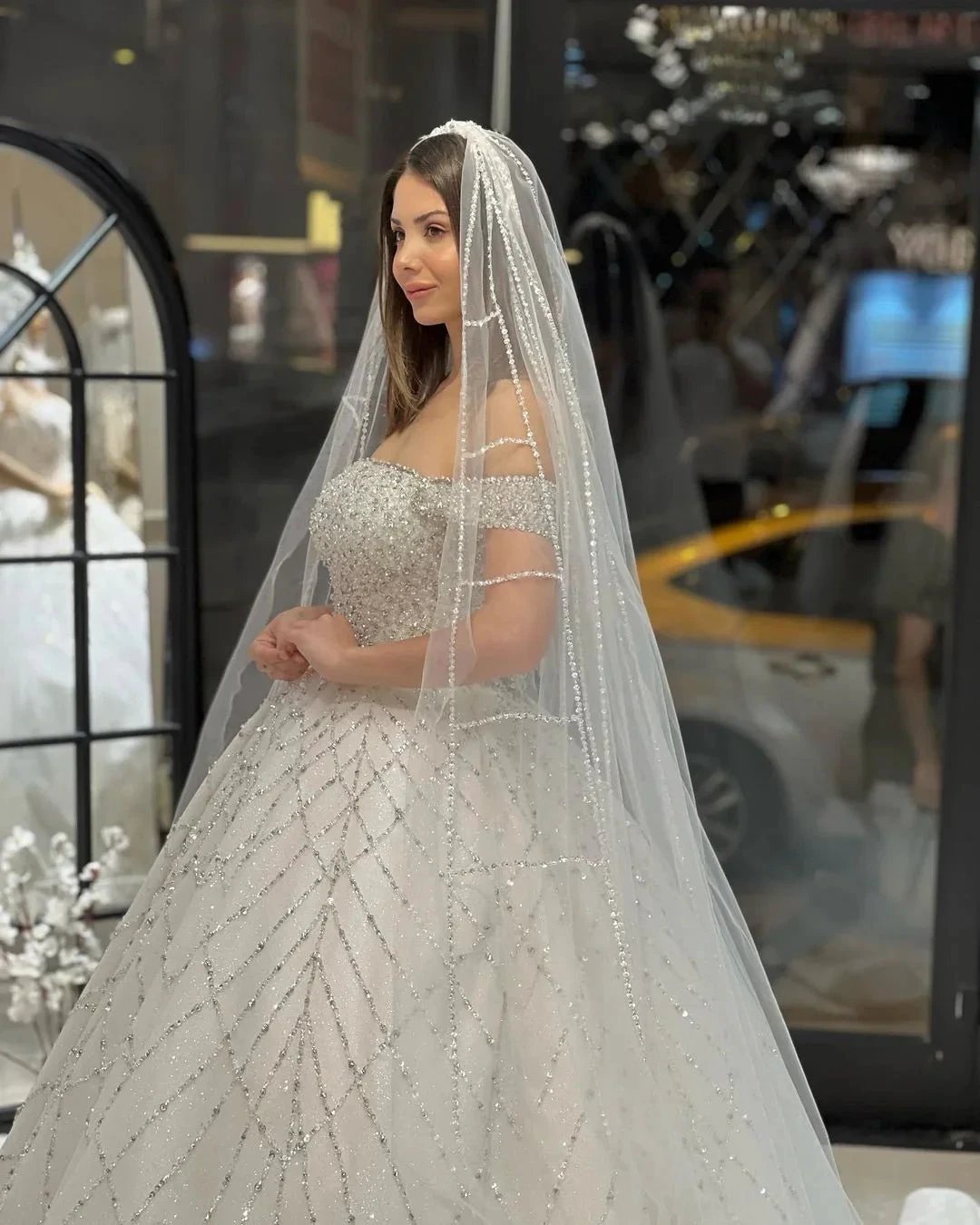 Charming Floor Length Off-The-Shoulder A-Line Sequined Wedding Dress with Court Train by misshow.com