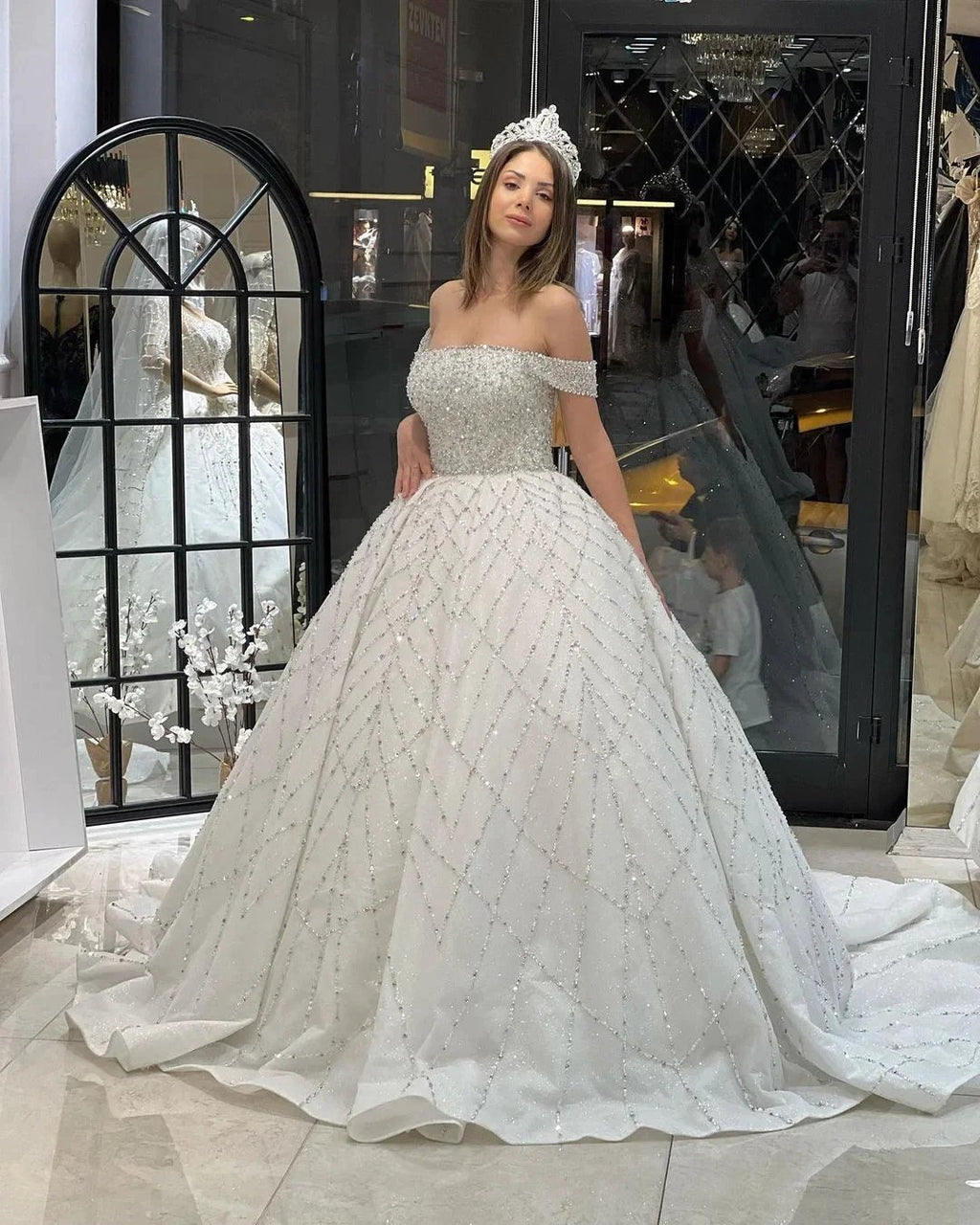 Charming Floor Length Off-The-Shoulder A-Line Sequined Wedding Dress with Court Train by misshow.com