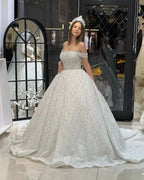 Charming Floor Length Off-The-Shoulder A-Line Sequined Wedding Dress with Court Train by misshow.com