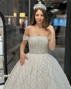 Charming Floor Length Off-The-Shoulder A-Line Sequined Wedding Dress with Court Train by misshow.com