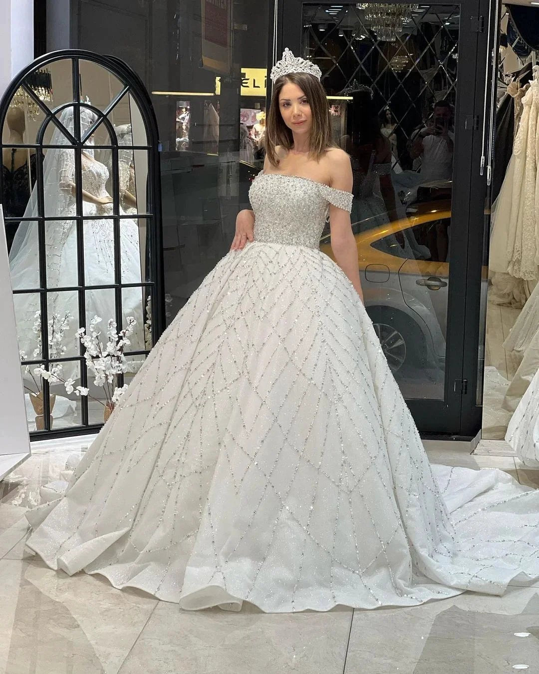 Charming Floor Length Off-The-Shoulder A-Line Sequined Wedding Dress with Court Train by misshow.com