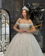 Charming Floor Length Off-The-Shoulder A-Line Sequined Wedding Dress with Court Train by misshow.com