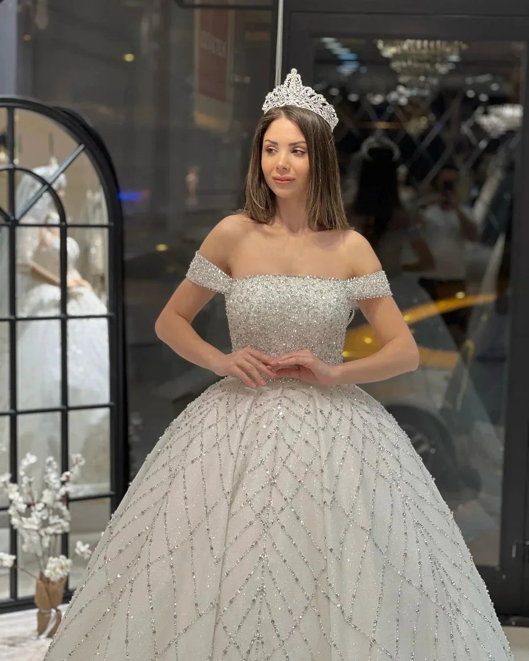 Charming Floor Length Off-The-Shoulder A-Line Sequined Wedding Dress with Court Train by misshow.com