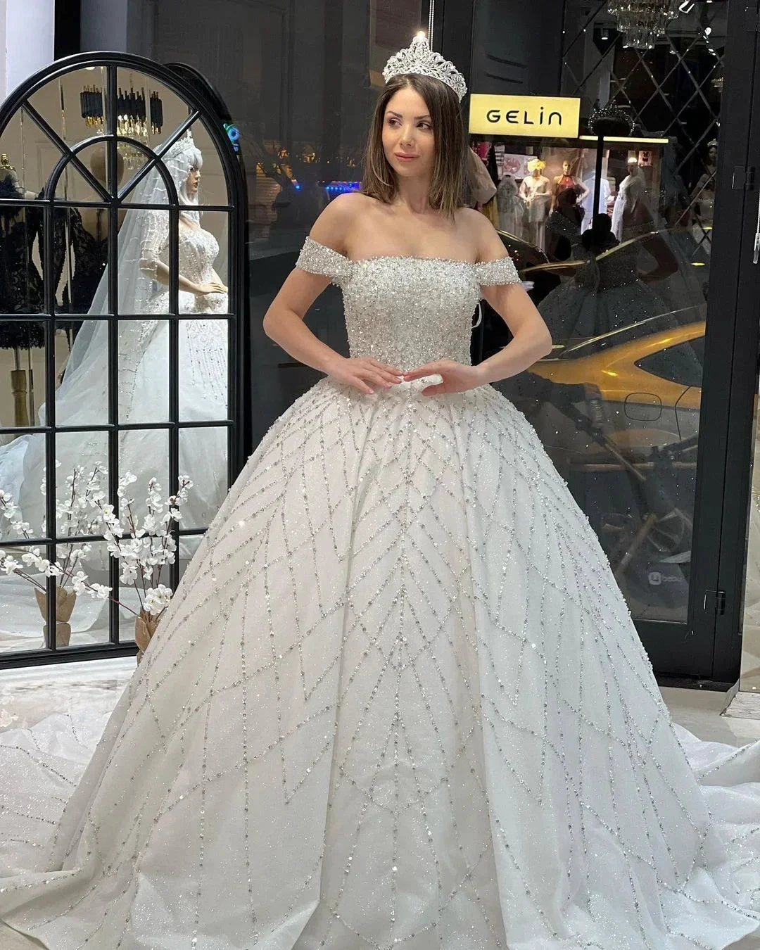 Charming Floor Length Off-The-Shoulder A-Line Sequined Wedding Dress with Court Train by misshow.com