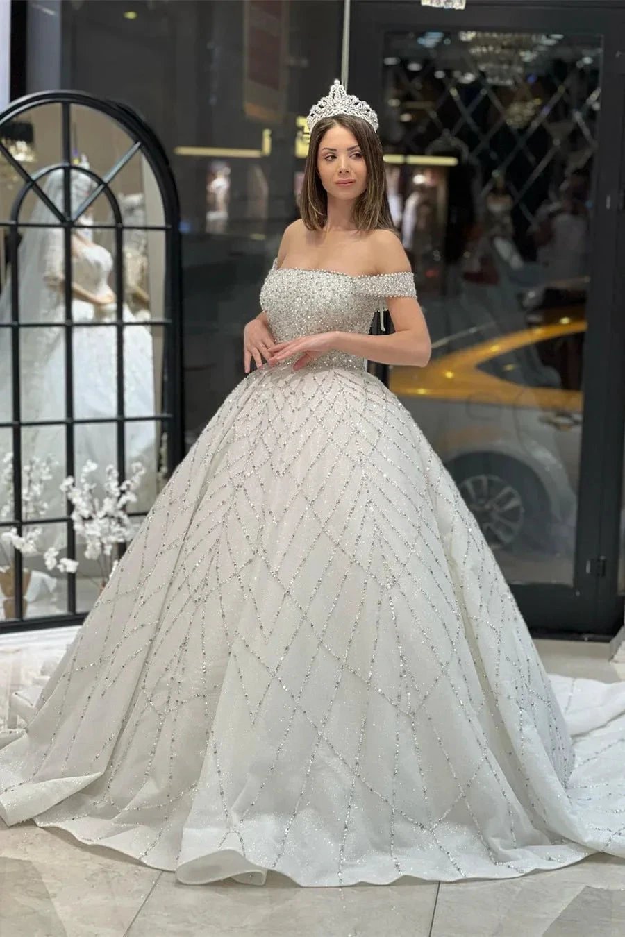 Charming Floor Length Off-The-Shoulder A-Line Sequined Wedding Dress with Court Train by misshow.com