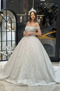 Charming Floor Length Off-The-Shoulder A-Line Sequined Wedding Dress with Court Train by misshow.com