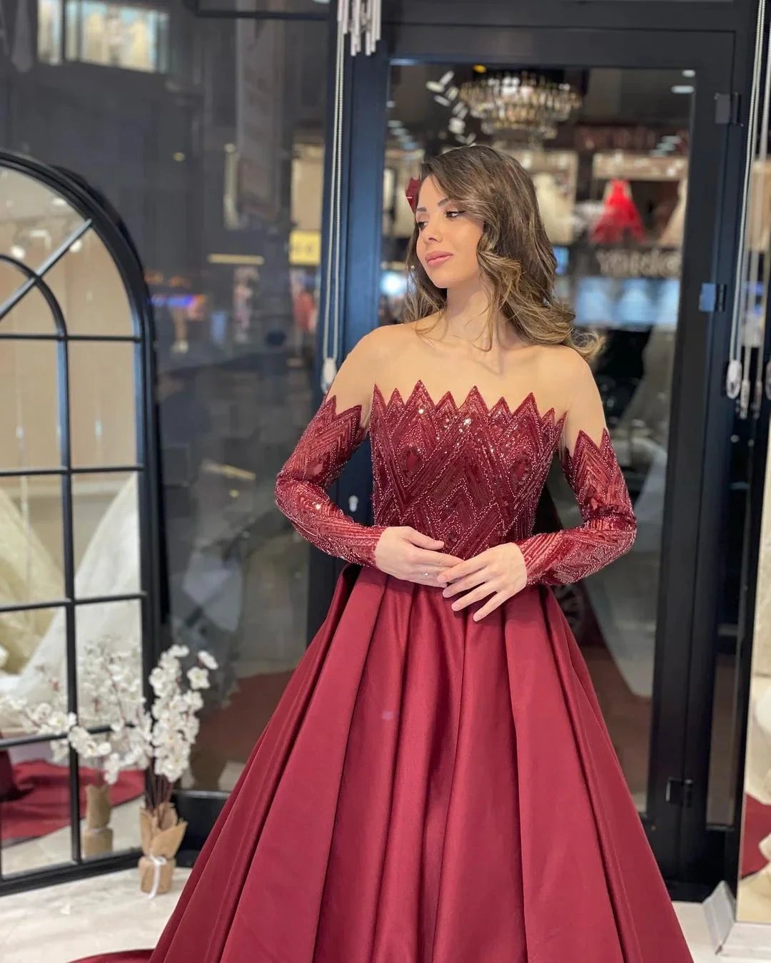 Charming Floor Length Strapless Long Sleeves A-Line Satin Wedding Dress with Ruffles by misshow.com