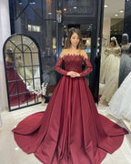 Charming Floor Length Strapless Long Sleeves A-Line Satin Wedding Dress with Ruffles by misshow.com