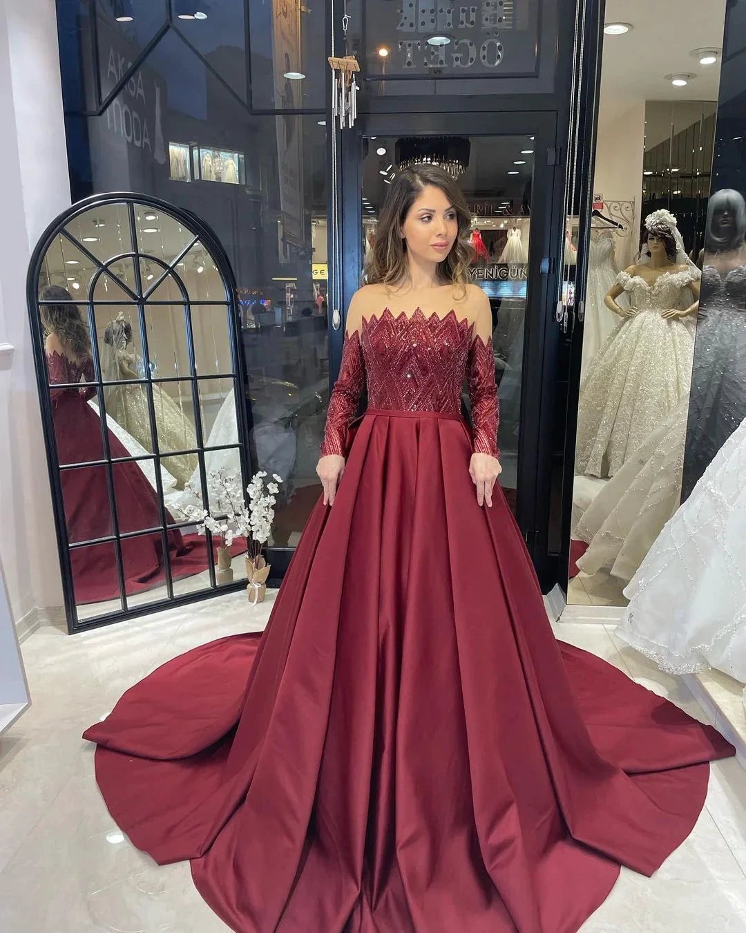 Charming Floor Length Strapless Long Sleeves A-Line Satin Wedding Dress with Ruffles by misshow.com