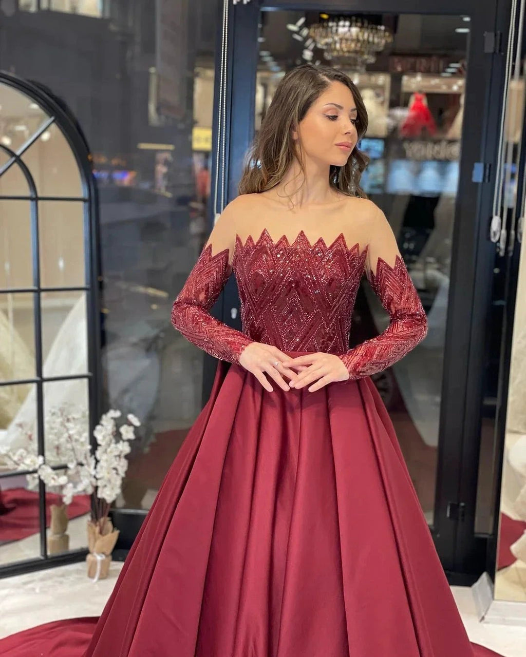 Charming Floor Length Strapless Long Sleeves A-Line Satin Wedding Dress with Ruffles by misshow.com
