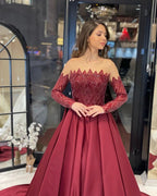 Charming Floor Length Strapless Long Sleeves A-Line Satin Wedding Dress with Ruffles by misshow.com
