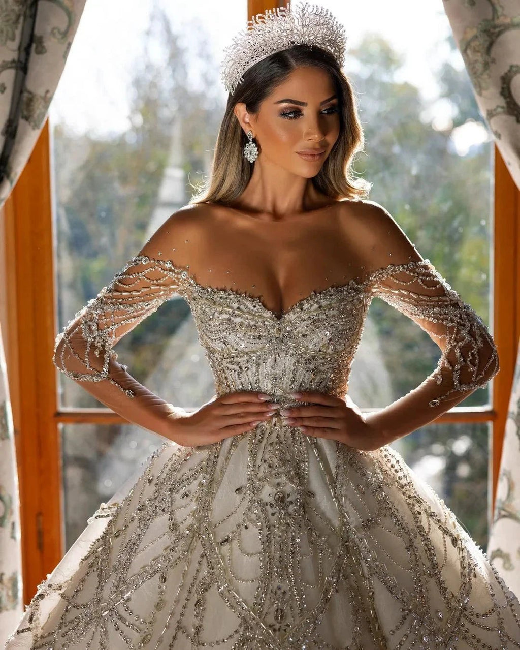 Charming Floor Length Sweetheart Long Sleeves A-Line Lace Wedding Dress by misshow.com