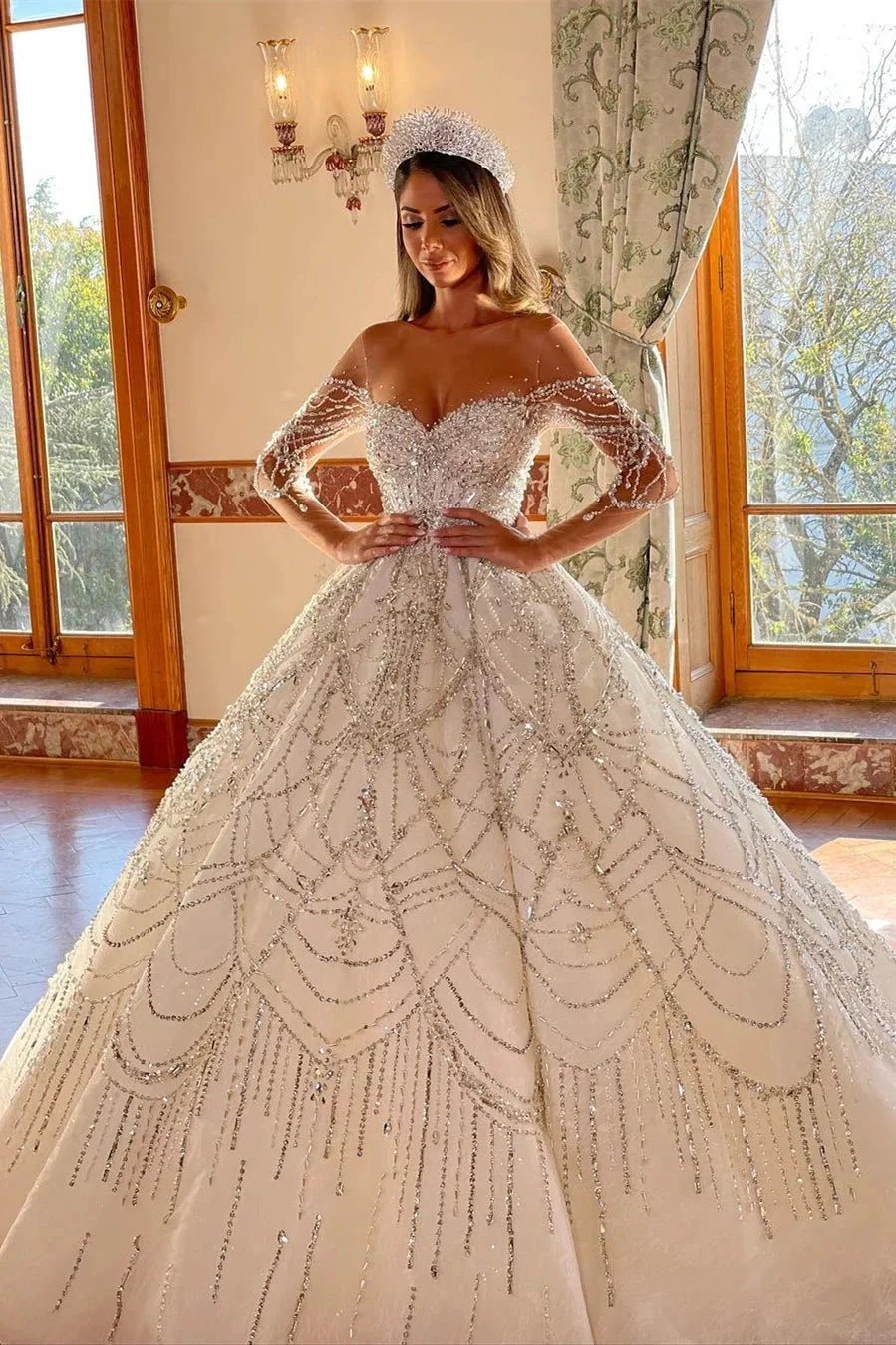 Charming Floor Length Sweetheart Long Sleeves A-Line Lace Wedding Dress by misshow.com