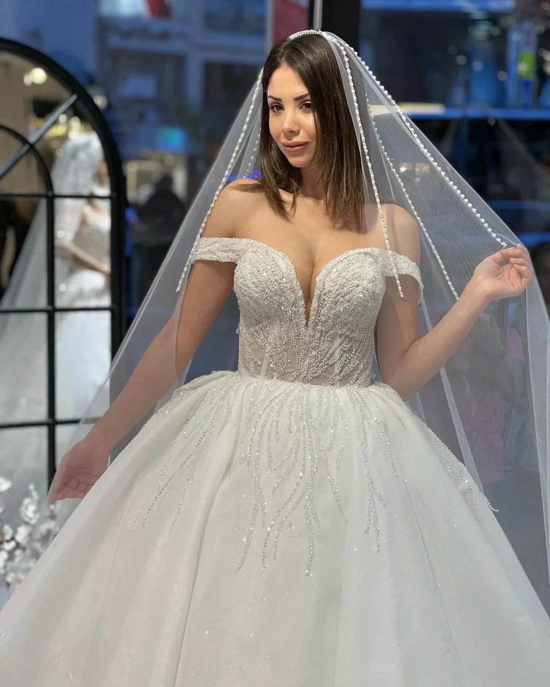 Charming Floor Length Sweetheart Off-The-Shoulder A-Line Lace Wedding Dress with Sequins by misshow.com