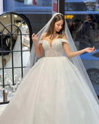 Charming Floor Length Sweetheart Off-The-Shoulder A-Line Lace Wedding Dress with Sequins by misshow.com