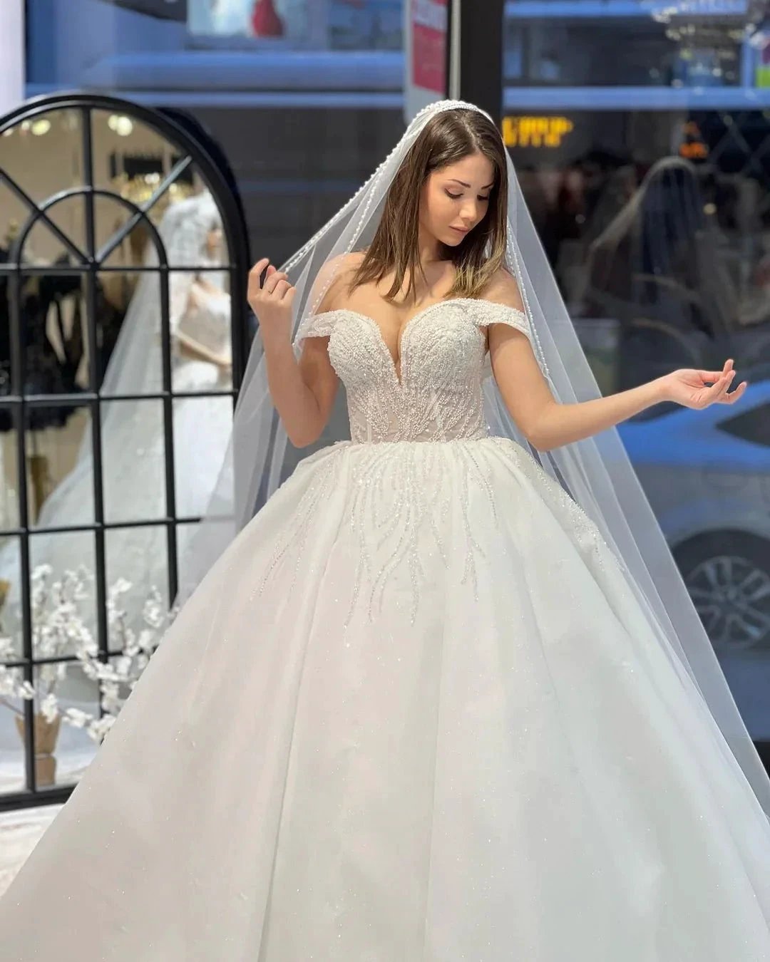 Charming Floor Length Sweetheart Off-The-Shoulder A-Line Lace Wedding Dress with Sequins by misshow.com