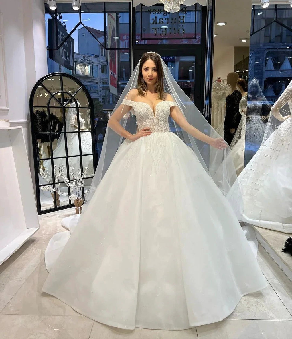 Charming Floor Length Sweetheart Off-The-Shoulder A-Line Lace Wedding Dress with Sequins by misshow.com