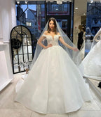 Charming Floor Length Sweetheart Off-The-Shoulder A-Line Lace Wedding Dress with Sequins by misshow.com