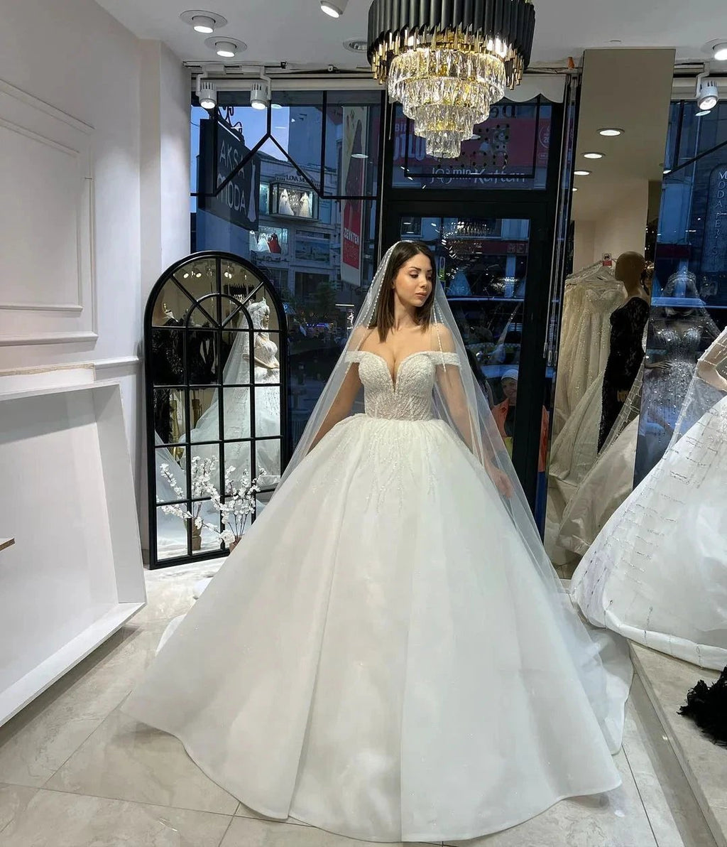Charming Floor Length Sweetheart Off-The-Shoulder A-Line Lace Wedding Dress with Sequins by misshow.com