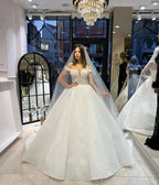 Charming Floor Length Sweetheart Off-The-Shoulder A-Line Lace Wedding Dress with Sequins by misshow.com