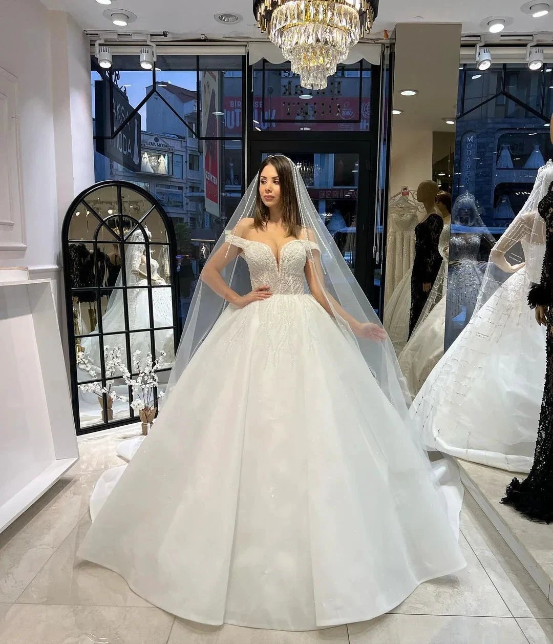 Charming Floor Length Sweetheart Off-The-Shoulder A-Line Lace Wedding Dress with Sequins by misshow.com