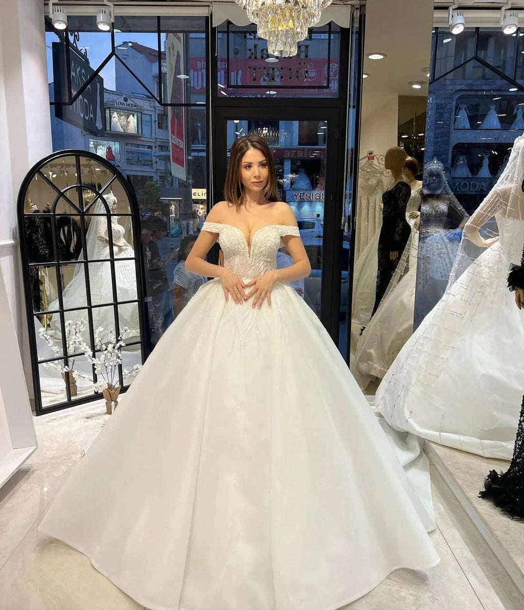 Charming Floor Length Sweetheart Off-The-Shoulder A-Line Lace Wedding Dress with Sequins by misshow.com