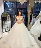 Charming Floor Length Sweetheart Off-The-Shoulder A-Line Lace Wedding Dress with Sequins by misshow.com