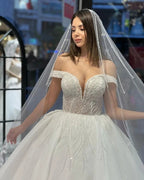 Charming Floor Length Sweetheart Off-The-Shoulder A-Line Lace Wedding Dress with Sequins by misshow.com
