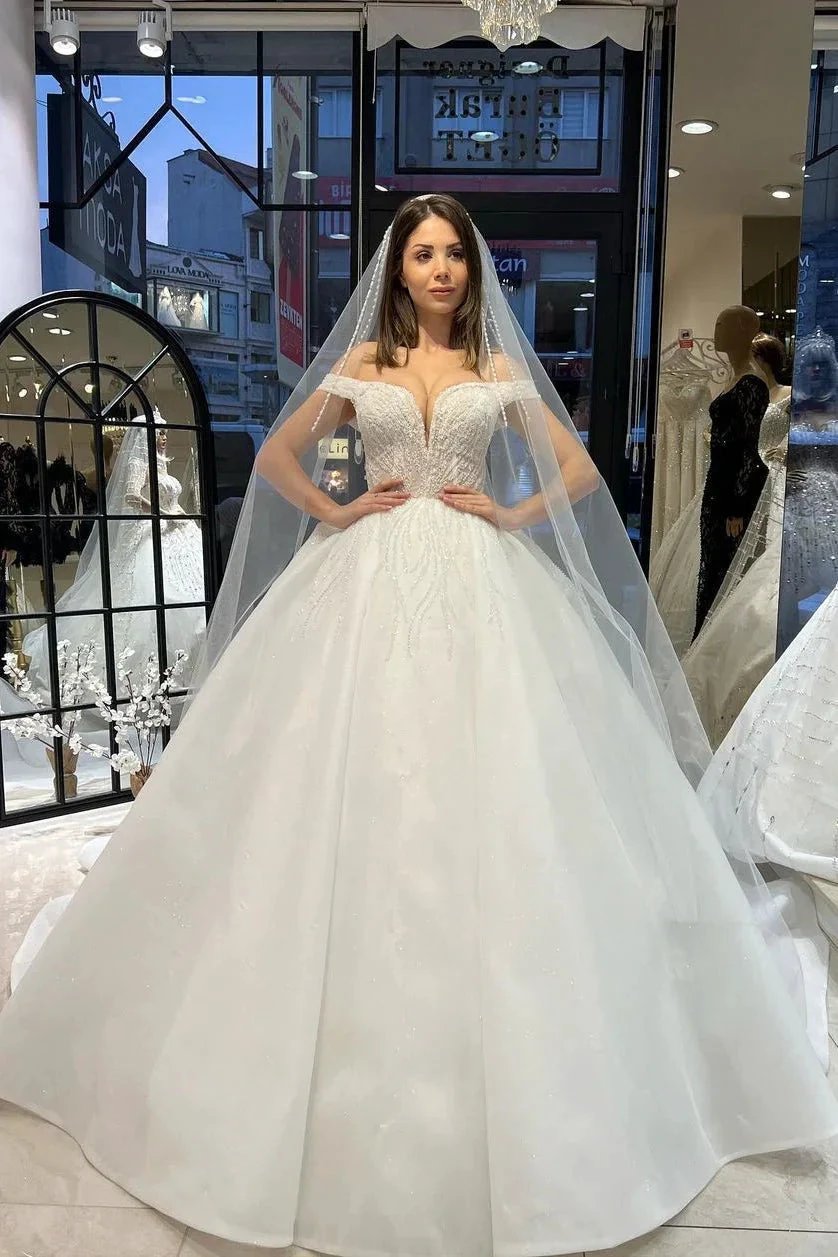 Charming Floor Length Sweetheart Off-The-Shoulder A-Line Lace Wedding Dress with Sequins by misshow.com