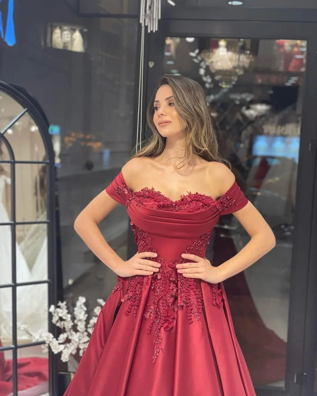 Charming Floor Length Sweetheart Off-The-Shoulder A-Line Satin Wedding Dress with Appliques by misshow.com