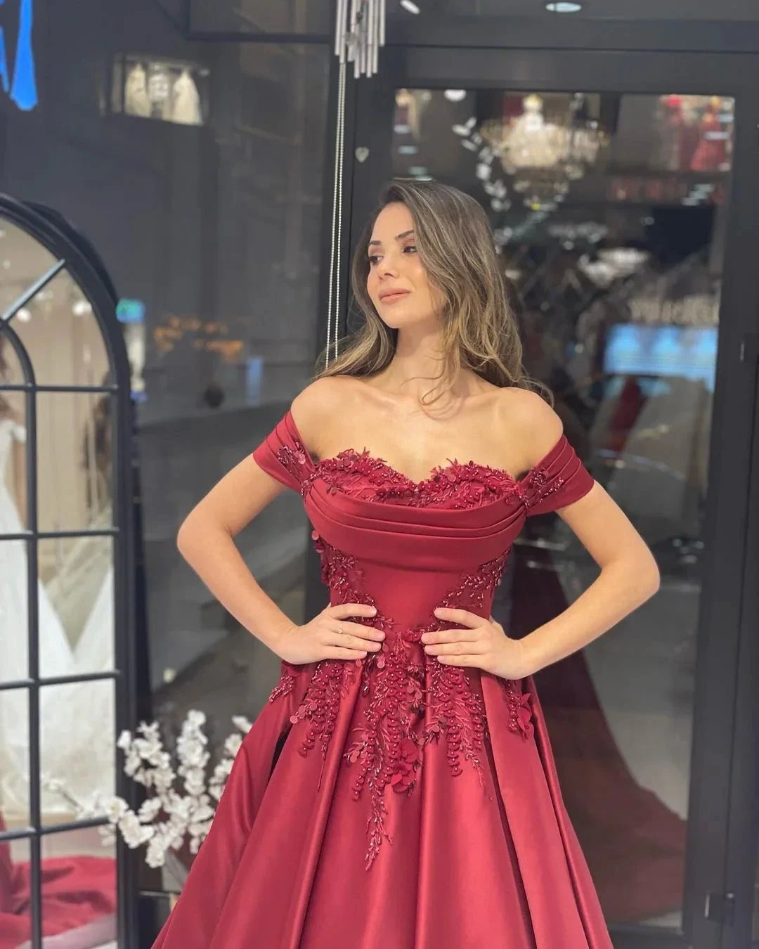 Charming Floor Length Sweetheart Off-The-Shoulder A-Line Satin Wedding Dress with Appliques by misshow.com