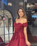 Charming Floor Length Sweetheart Off-The-Shoulder A-Line Satin Wedding Dress with Appliques by misshow.com