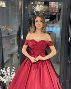 Charming Floor Length Sweetheart Off-The-Shoulder A-Line Satin Wedding Dress with Appliques by misshow.com