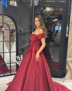 Charming Floor Length Sweetheart Off-The-Shoulder A-Line Satin Wedding Dress with Appliques by misshow.com