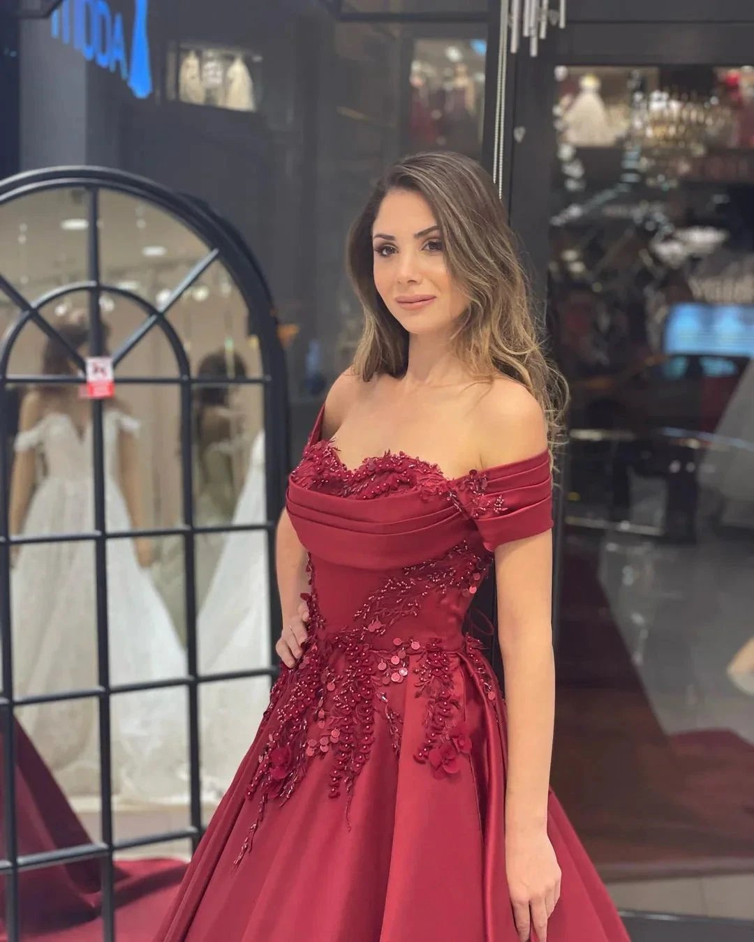Charming Floor Length Sweetheart Off-The-Shoulder A-Line Satin Wedding Dress with Appliques by misshow.com